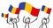 Cheering group of three happy stick figures with Romanian national flags, smiling Romania supporters, sports fans