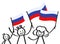 Cheering group of three happy stick figures with Russian national flags, smiling Russia supporters, sports fans