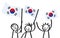 Cheering group of three happy stick figures with South Korean national flags, smiling South Korea supporters, sports fans