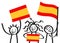 Cheering group of three happy stick figures with Spanish national flags, smiling Spain supporters, sports fans