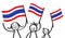 Cheering group of three happy stick figures with Thai national flags, smiling Thailand supporters, sports fans