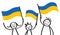 Cheering group of three happy stick figures with Ukrainian national flags, smiling Ukraine supporters, sports fans