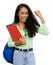 Cheering hispanic student with dental aligner and books and backpack