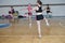 Cheerleader dancer doing pirouette, dancers shows off their moves - pirouette, sport young woman rotates on one leg, girls in