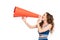 Cheerleader girl in blue uniform with pompom using orange megaphone isolated on white