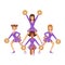 Cheerleader girls with colorful pompoms dancing to support football team during competition. Colorful cartoon character