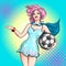 Cheerleader pop art comic style. Beautiful girl from the support group holding ball and inviting gesture welcoming to