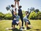 Cheerleader team, portrait and people in formation, dance and performance on field outdoor for exercise, training or