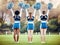 Cheerleader, teen girl team and cheers outdoor, athlete group and fitness, uniform and diversity with back. Exercise