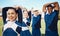 Cheerleader training or portrait of team stretching on a outdoor stadium field for fitness exercise. Cheerleading group