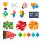 Cheerleading Icons Set Vector. Cheerleaders Accessories. Pompoms, Balloons, Confetti, Megaphone. Isolated Flat Cartoon