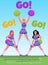 Cheerleading squad performing, acrobatic holding up team on lawn, vector sporty girls with pompoms, Go motivation poster