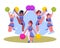 Cheerleading squad performing, vector cartoon cheerful sporty ladies in fan uniform dancing acrobatic with pompoms