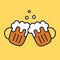 Cheers beer mugs with froth and bubbles. Cartoon alcohol icon. Vector flat illustation.