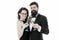 Cheers concept. Couple classy clothes drink champagne white background. Man bearded wear tuxedo girl elegant celebrate