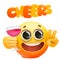 Cheers emoticon card with yellow emoji cartoon character holding glass of wine