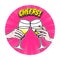 Cheers, girls drinking, hands with wine glasses, comic book panel, pop art style, vector illustration