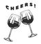 Cheers toast and clink glasses of wine in hand. Celebration concept. Red grape alcoholic drink. Vintage badge. Splashing