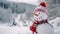 Cheery snowman wearing a festive red hat and scarf at a snowy landscape, copy space. AI generated