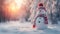 Cheery snowman wearing a festive red hat and scarf at a snowy landscape, copy space. AI generated