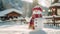 Cheery snowman wearing a festive red hat and scarf at a snowy mountain ski resort, copy space. AI generated