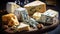 Cheese assortment: blue cheese, AI generated image