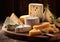 Cheese assortment from different countries traditional cuisine on wooden table.Macro.AI Generative
