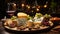 Cheese assortment on wood cutting board with red wine.