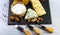 Cheese board, cheese with blue mildew, Camembert or brie cheese circle, Cheese Serving Knife. top view image with copy space