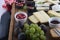 Cheese board variety with grapes and figs