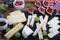 Cheese board variety with grapes and figs