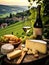 Cheese board and white wine against the backdrop of village. AI