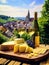 Cheese board and white wine against the backdrop of village. AI