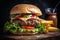 Cheese burger - American cheese burger with fresh salad on wooden board