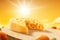 Cheese closeup with sun sunrise. Generate Ai