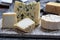 Cheese collection, French cheeses made from goat, cow and sheep melk: semi hard Roquefort blue cheese, soft Chabichou of Poitou