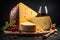 Cheese collection, French Gouda cheese and red wine on black background. generative ai