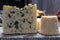 Cheese collection, French semi hard Roquefort blue cheese made from sheep milk in region Roquefort-sur-Soulzon, France