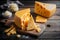 Cheese collection, Swiss medium-hard cheese emmental made from cow milk close up. AI Generative