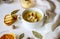 Cheese cream soup on a white background. White bread croutons. Ingredients