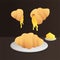 Cheese croissant on plate, slice piece of cheese, melting cheesy, on a dark background vector icon gradient colorful.