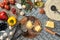 Cheese, different vegetables on metal table. Ingredients for traditional italian pizza.