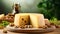 Cheese dish with walnuts and crackers, perfect for wine and romance, bright image with bokeh