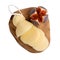 Cheese with figs on wooden board isolated on white. Cheese plate. Scamorza Italian semi-soft white cheese. Top view