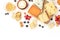 Cheese, a flat lay overhead shot on a white background with copy space. Blue cheese, Leicester, Emmental, and others sorts with