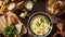 Cheese fondue with herbs, bread in the kitchen cooking