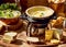 Cheese fondue with herbs, bread in the kitchen gastronomy concept homemade culinary natural