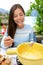 Cheese fondue - woman eating Swiss food