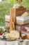 Cheese and fruits on a beautifully vintage decorated table