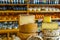 Cheese heads on the counter in a gastronomic store